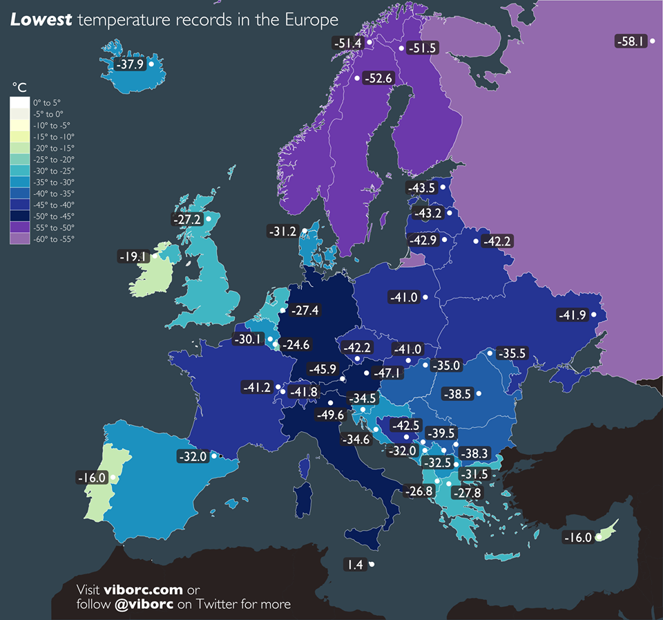 Najnižšie namerané teploty v štátoch Európy