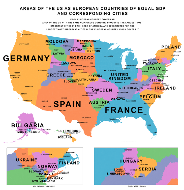 Ako by vyzerali Spojené štáty, ak by boli štátmi Európy podľa HDP?