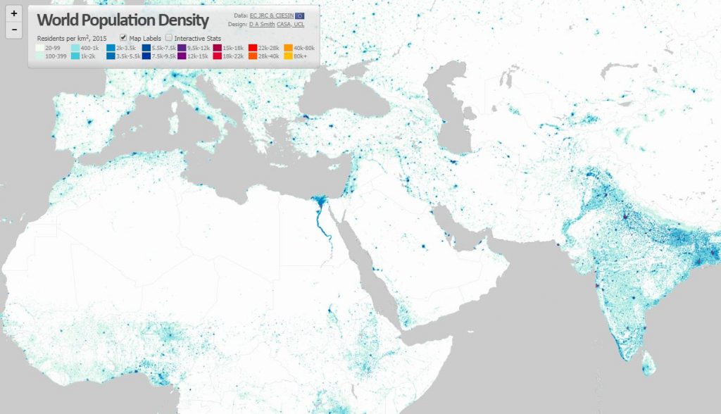 Hustota zaľudnenia Zeme v interaktívnej mape