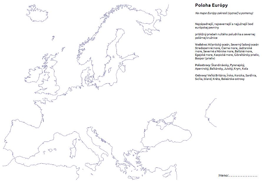 Poloha a členitosť Európy (mapová karta)