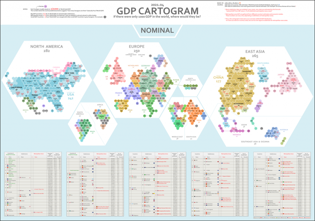 Ekonomika sveta rozložená na štáty a ich regióny. Mapa, podľa ktorej tvorí SR tisícinu svetového HDP